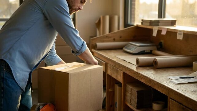 Caucasian man preparing and sealing cardboard box for delivery on a wooden workbench, packaging for shipping