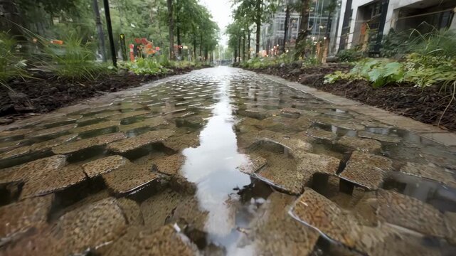 Medium shot of permeable pavement installation capturing water infiltration and ecofriendly urban runoff solutions.