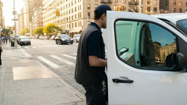 Delivery man scanning package, holding box, and opening white van door on a city street