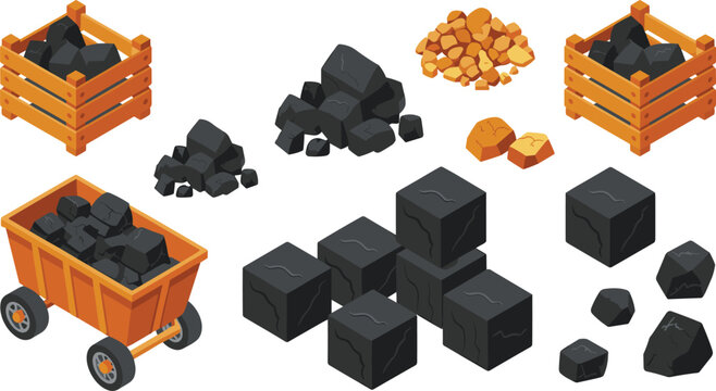 Coal mining materials set, black rock crates, mineral stones, industrial resources collection, mining industry concept, isometric vector illustration isolated