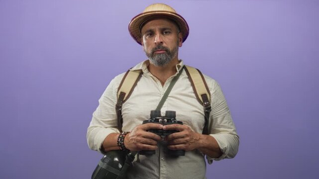 Man with grey beard and pith helmet holding binoculars with bare hands and backpack strap in studio with purple backdrop; curiosity travel.