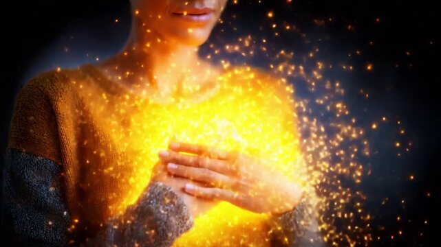 A Magical Transformation: A Woman Embracing Inner Light and Energy with Sparkling Visuals, Radiating Warmth and Power from Her Heart, Symbolizing Spiritual Awakening and Emotional Resonance