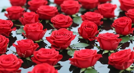 Obraz premium A beautiful arrangement of vibrant red roses with green leaves on a reflective surface