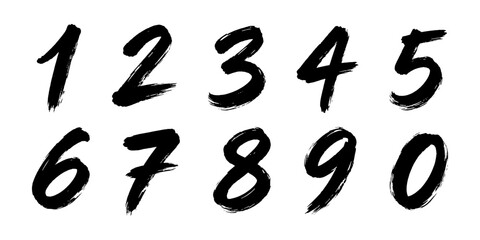Artistic set of hand-drawn numbers 0-9 with expressive black brush strokes and ink texture on a white background. © drawing lines