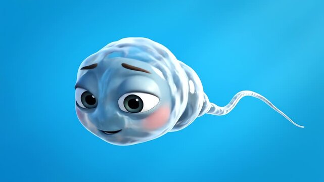 Animated sperm cell character swimming playfully in blue background with expressive face and cartoon style for educational or entertainment content