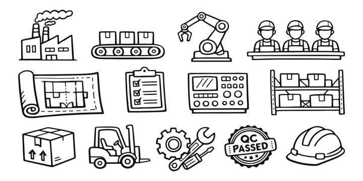 Set of hand-drawn factory and manufacturing icons in a doodle style, featuring industrial tools, equipment, workers, and logistics symbols.