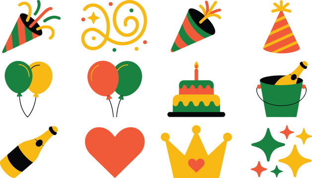 Party celebration icons, birthday elements, balloons cake confetti, festive decorations, flat vector illustration set for events parties holidays design collection