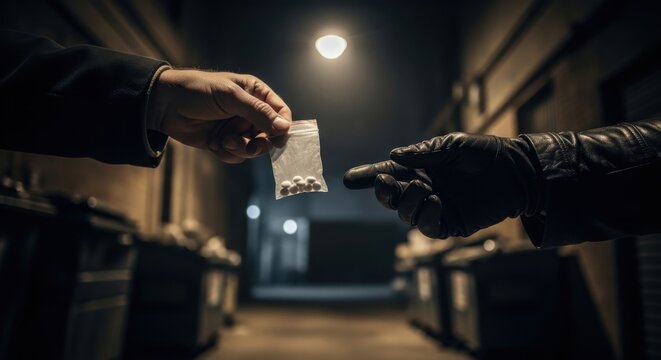 Illegal street transaction of drugs in dark alley at night