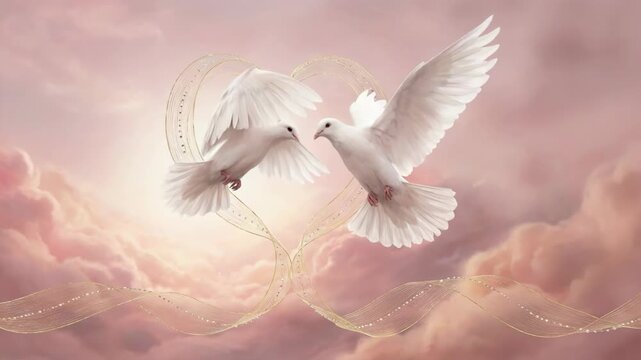 Two white doves flying into a heart-shaped ribbon in pink sky. Animated romantic bird flight for wedding or Valentines Day.