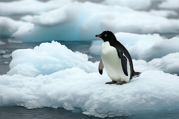 Obraz premium Adlie Penguin Standing Proudly on a Floating Ice Floe Amidst the Icy Antarctic Landscape