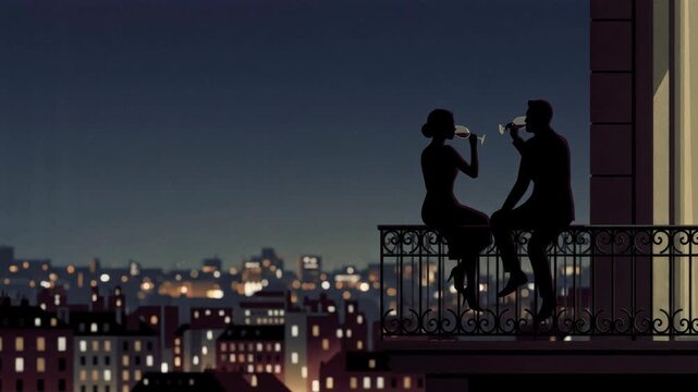 Man and woman silhouettes drinking wine on balcony at night. Romantic evening cityscape view. Celebration, anniversary dinner concept.