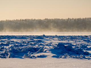 The water in the river is flowing in bitter cold.