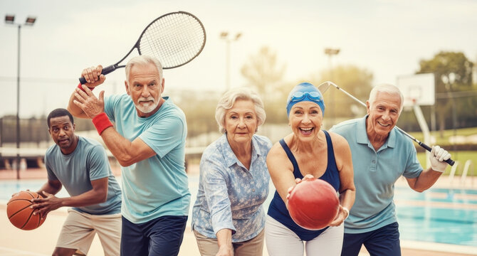 Active diverse seniors enjoying various sports outdoors