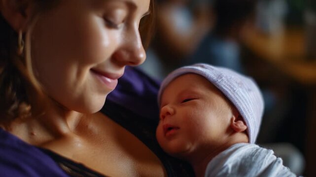 A Heartwarming Moment of Bonding Between a Mother and Her Sleeping Baby, Captured in Soft Natural Light, Showcasing the Depth of Their Connection and Unconditional Love in a Peaceful Setting.