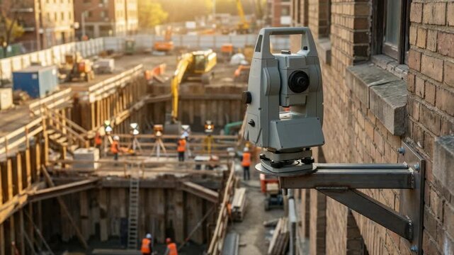 Surveying total station mounted on building brick wall overlooking large construction site with excavators