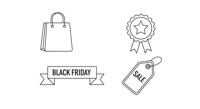 Black Friday Sale Icons: Shopping Bag, Ribbon, Badge, and Tag