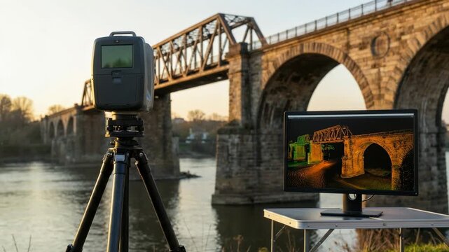 Laser scanner on tripod showing 3D point cloud data of bridge on monitor for geodesic surveying and industrial application concept.