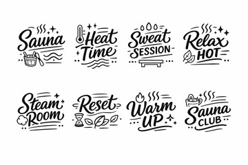 Sauna and relaxation typography set with heat, steam, and warm elements