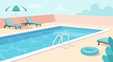 Obraz premium A serene poolside scene with lounge chairs, umbrella, and inflatable ring