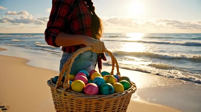 Young woman walks beach with basket of colorful eggs at sunset