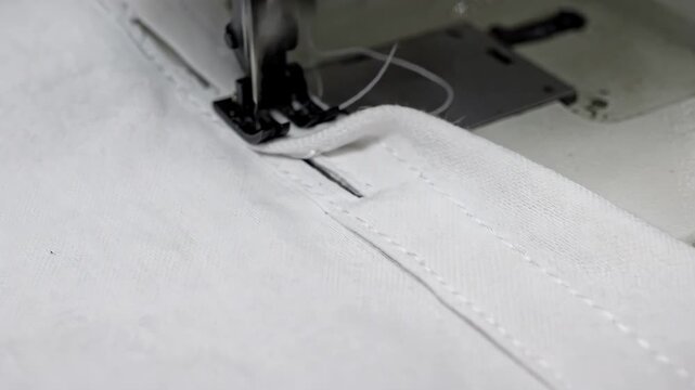 Closeup of machine stitching precise buttonholes on a crisp shirt fabric showcasing industrial sewing techniques for durable garment fastening.