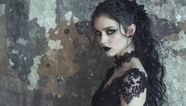 Una joven con un look g&oacute;tico oscuro posa frente a una pared descascarada.