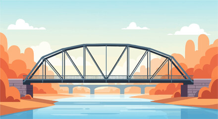 Naklejka premium A pixelated truss bridge spans a calm blue river under a soft sky