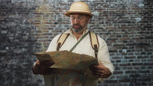 Man holding map wearing pith helmet and backpack studying map in a building; confusion travel adventure.