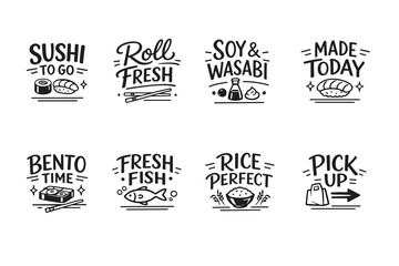 Fototapeta premium Sushi icons: takeaway, fresh rolls, soy sauce, wasabi, daily made, bento, perfect rice