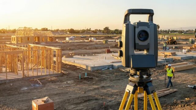 Geodesist using total station surveying construction site at sunset, engineering for new home building development