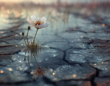 Una delicada flor blanca emerge de una grieta en tierra seca, reflej&aacute;ndose en un charco de agua.