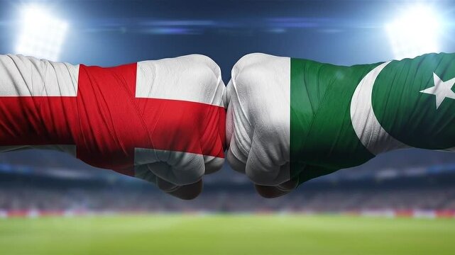 Fists painted with England and Pakistan flags collide in a stadium, depicting a symbolic rivalry or competition. This conveys international relations or a sporting event.

