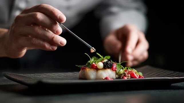Chef finishing plating a delicious fish dish on a dark background.