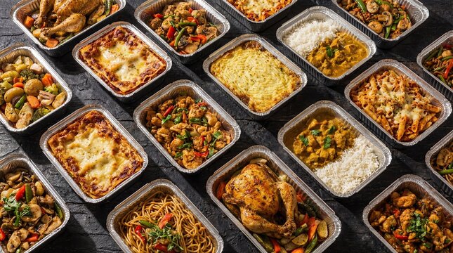Overhead view of various freshly prepared takeaway meals in aluminum foil containers, neatly arranged on a dark textured surface, studio shot.
