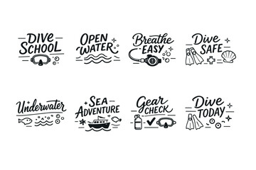 Fototapeta premium Scuba diving icons: dive school, open water, breathe easy, dive safe, underwater, sea adventure, gear check, dive today
