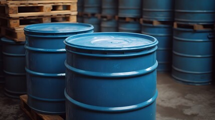 Obraz premium Blue plastic industrial barrels are neatly stacked on wooden pallets in a dimly lit warehouse storage area