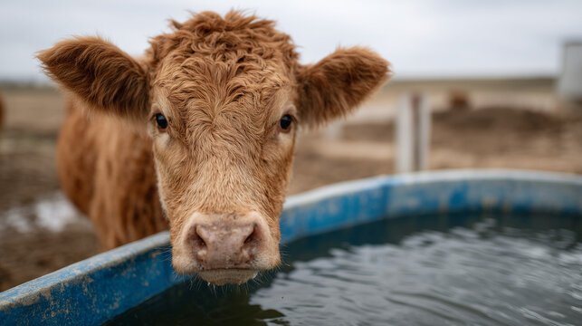 Young Cow at the Water Trough: A close-up shot of a young cow with a gentle gaze as it drinks water from a blue trough, highlighting a scene of rural serenity.