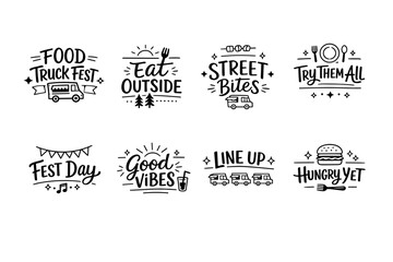 Obraz premium Food truck festival icons with fun phrases and festival graphics