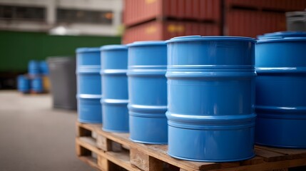 Several bright blue plastic barrels are neatly stacked on wooden pallets at an industrial loading dock