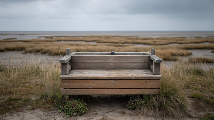 Obraz premium Serene Seating in Nature: A weathered wooden bench stands solitary amidst a tranquil coastal landscape, inviting contemplation and providing a moment of peace.