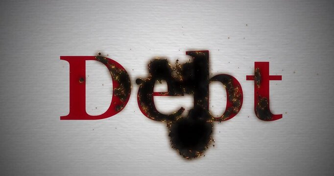 Debt depreciation, paper sheet with word debt smoldering and slowly burning from the glowing edge, inflation of liability turning to ash with glowing embers, loop footage
