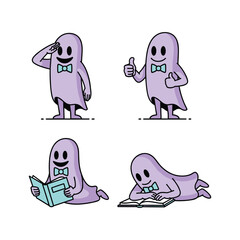 Obraz premium Cartoon ghost character set showing various activities with bow tie and copy space