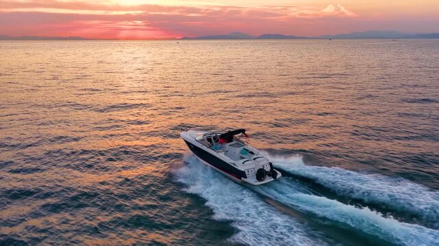 Aerial tracking view of a motor speedboat cruising with speed over the ocean into the summer sunset