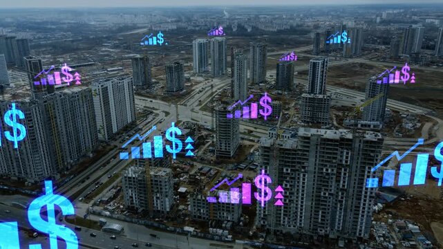 Growth charts for urban residential buildings under construction. Visualization of the housing market growth with rising real estate prices. Animated graphs of investment property trends.