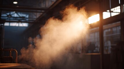 Obraz premium Steam rises dramatically in a dimly lit industrial factory illuminated by a bright overhead light