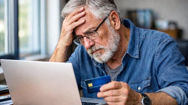 Mature male bank client concerned about problem with credit card.
