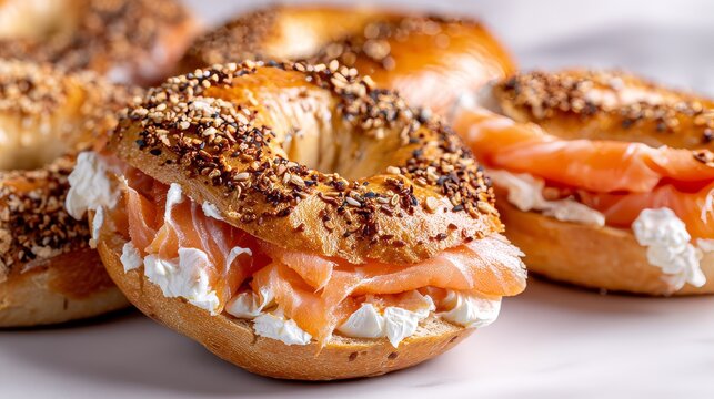 Delicious fresh bagels with smoked salmon and cream cheese topping sprinkled with sesame and poppy seeds for gourmet breakfast or brunch menu