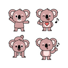 Cute cartoon koalas showing emotions and gestures with copy space