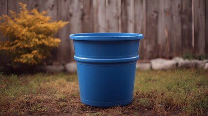 Naklejka premium A blue plastic storage container stands upright on the grassy ground in a backyard