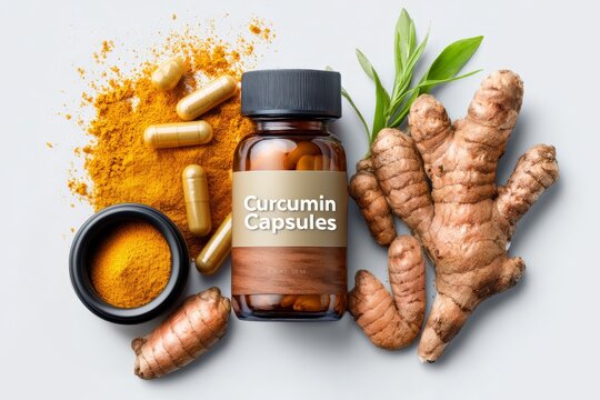 A bottle of curcumin capsules surrounded by turmeric root, bright yellow powder, and green leaves on a white background for health, nutrition, and supplement concepts